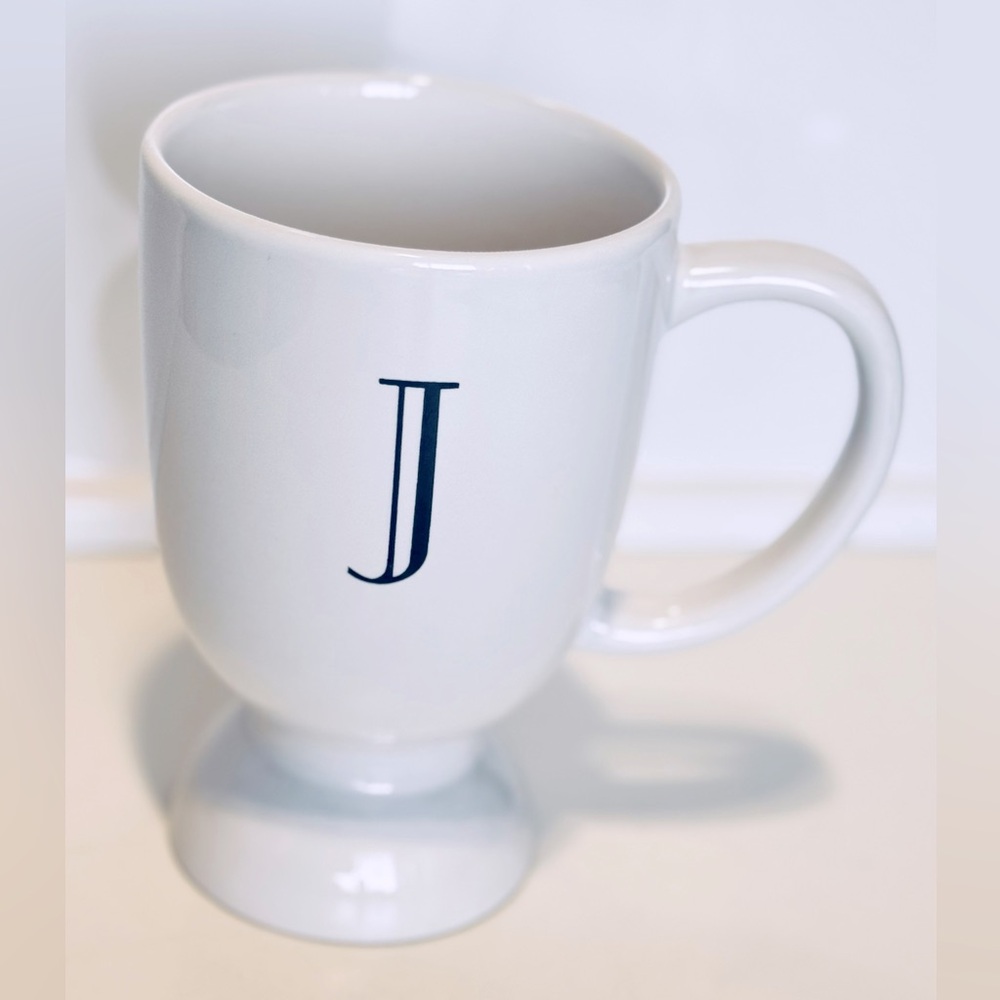 HAUSENWARE “J” Initial Monogrammed White Mug w Big Handle & Pedestal Bottom